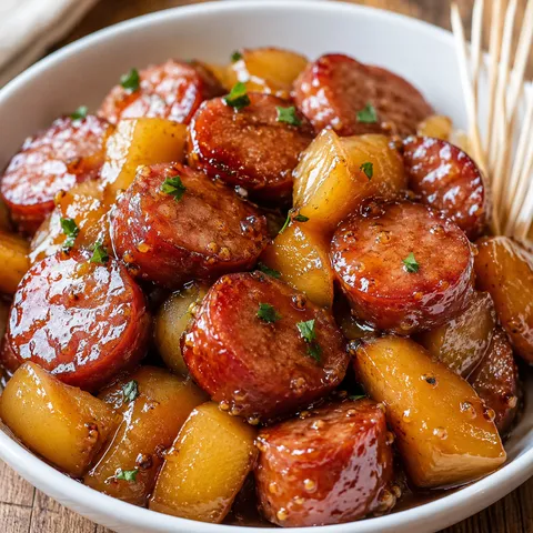 Slow cooker apple kielbasa bites with glossy glaze and parsley