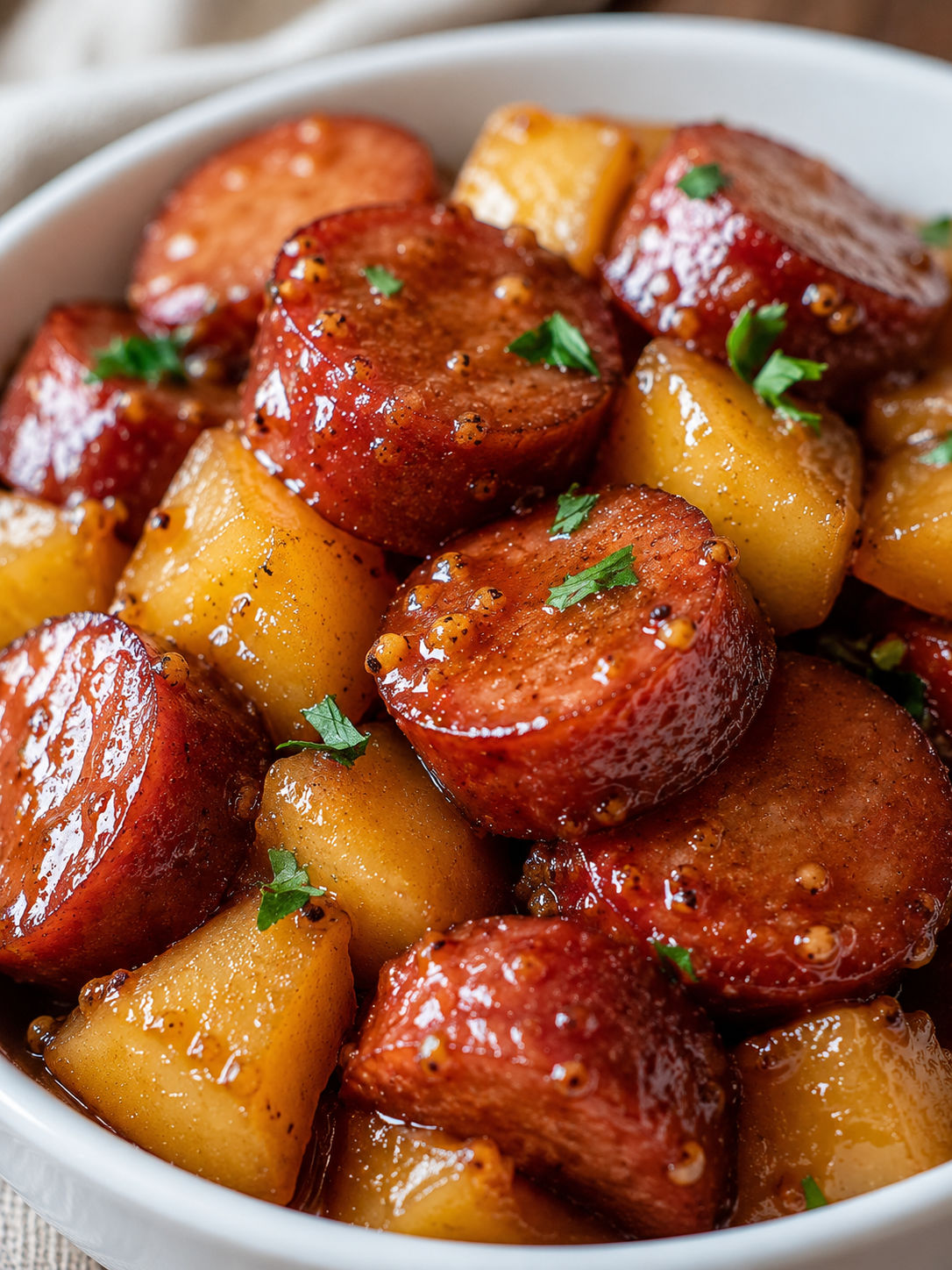 Slow Cooker Apple Kielbasa Bites, plated and served