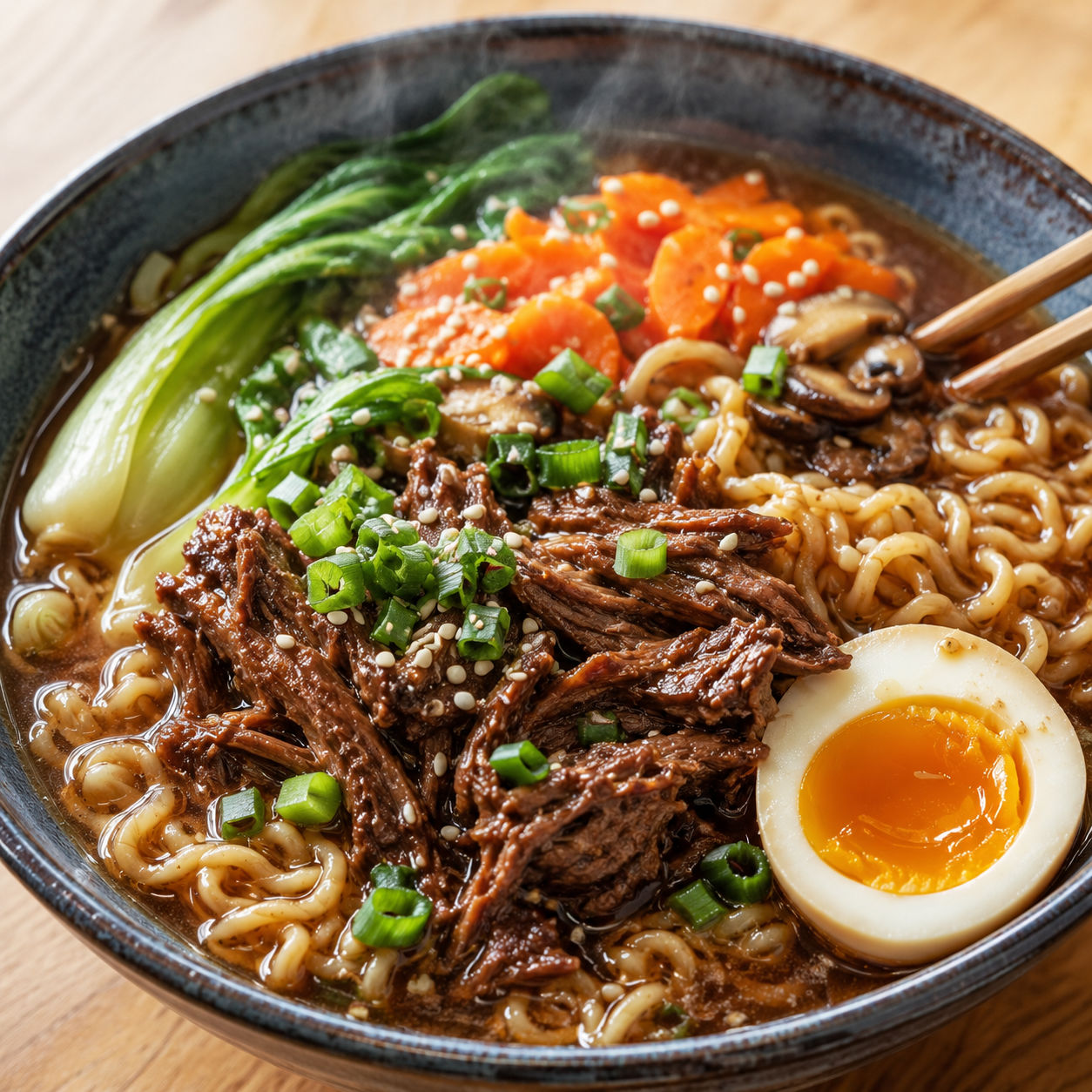 Beef ramen noodles with bok choy, carrots, mushrooms, and a soft-boiled egg
