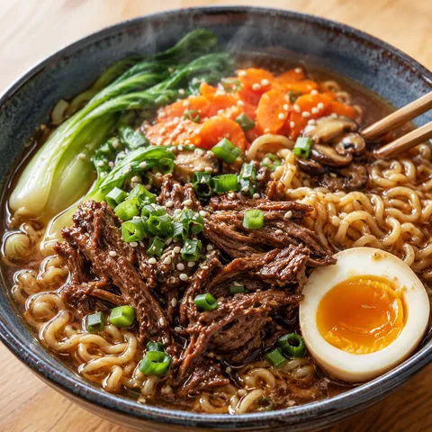 Beef ramen noodles with bok choy, carrots, mushrooms, and a soft-boiled egg