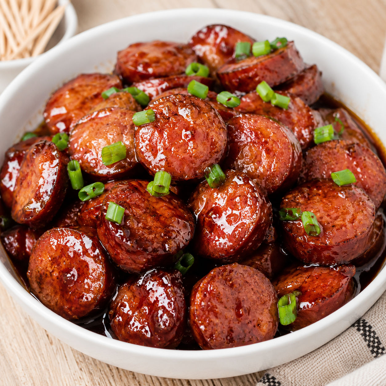 Candied kielbasa bites in a glossy brown sugar glaze with scallions
