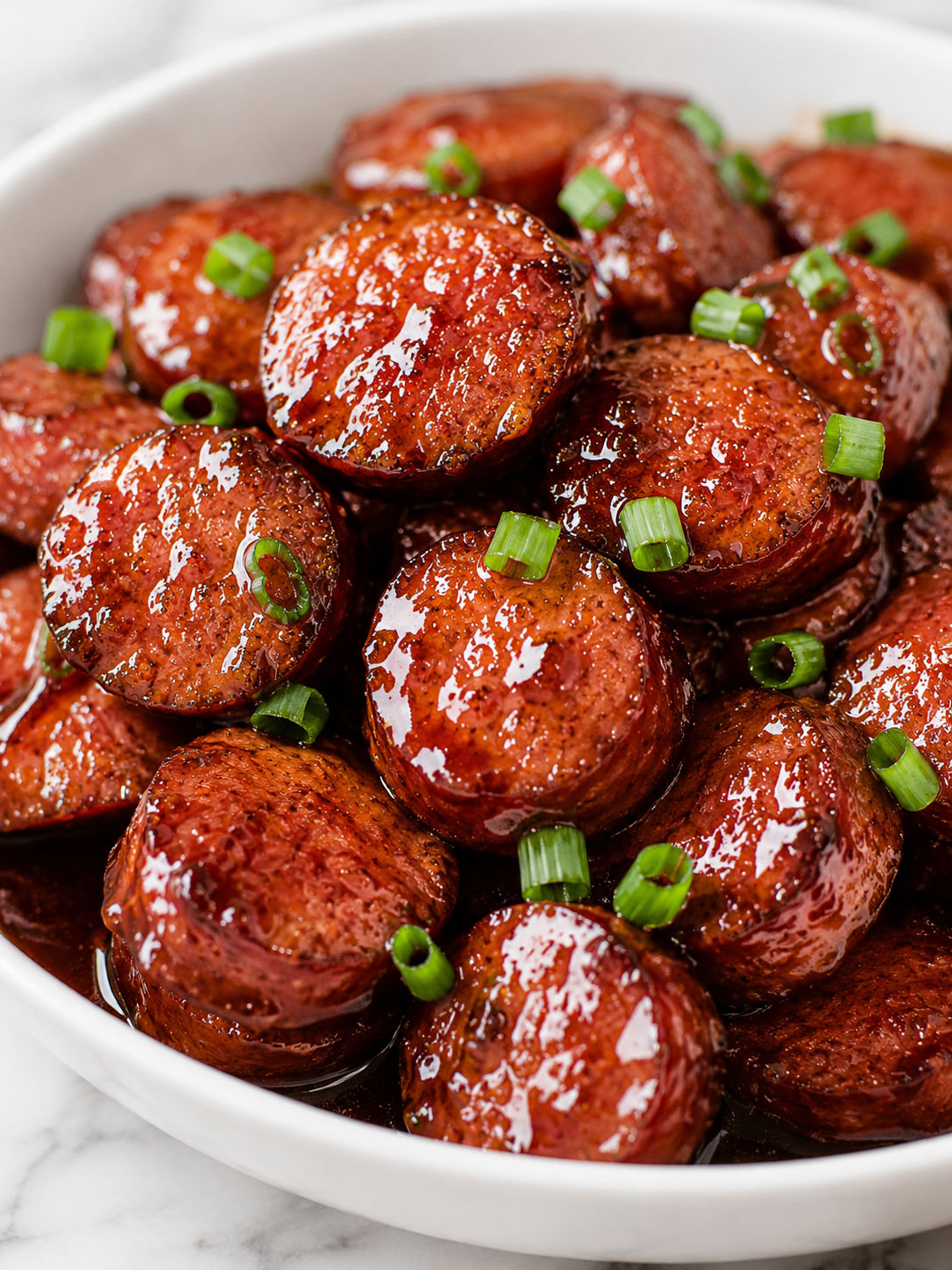 Slow Cooker Candied Kielbasa, plated and served