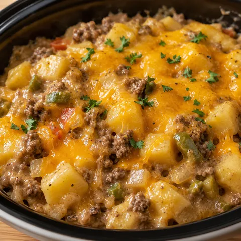 Slow cooker cheesesteak potato casserole with melted cheddar and parsley