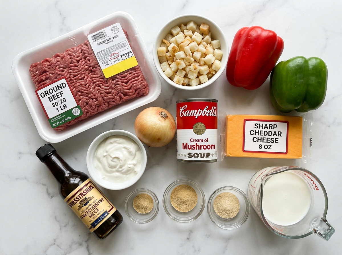 Raw ingredients for slow cooker cheesesteak potato casserole on a wooden counter