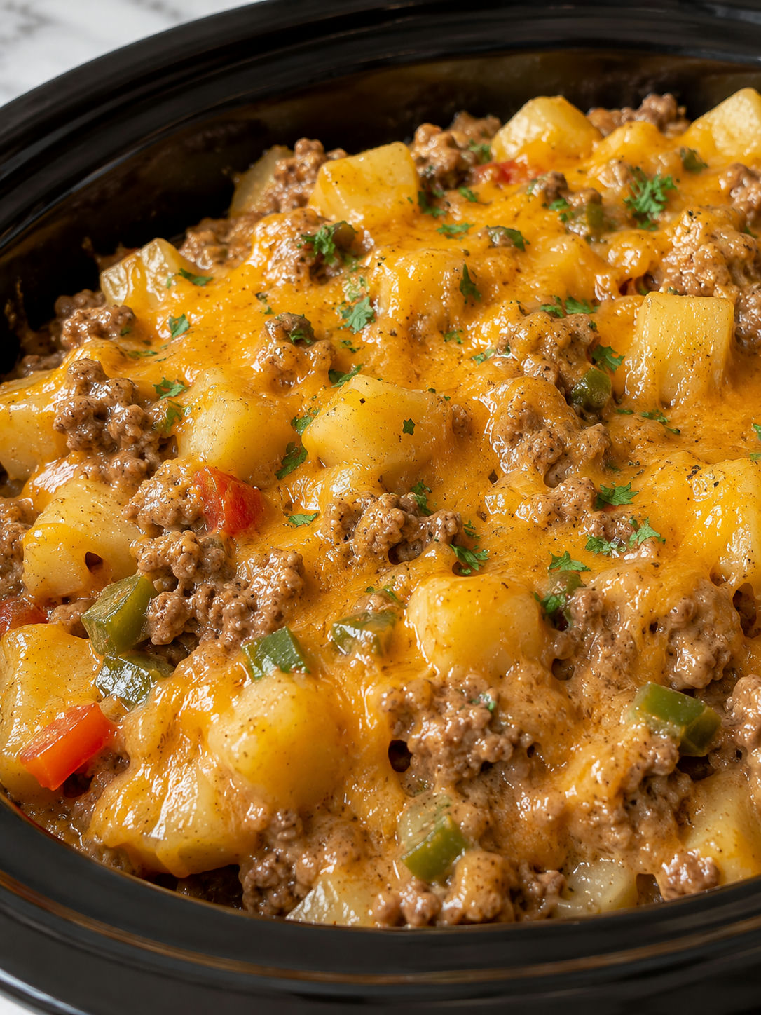Slow Cooker Cheesesteak Potato Casserole, plated and served