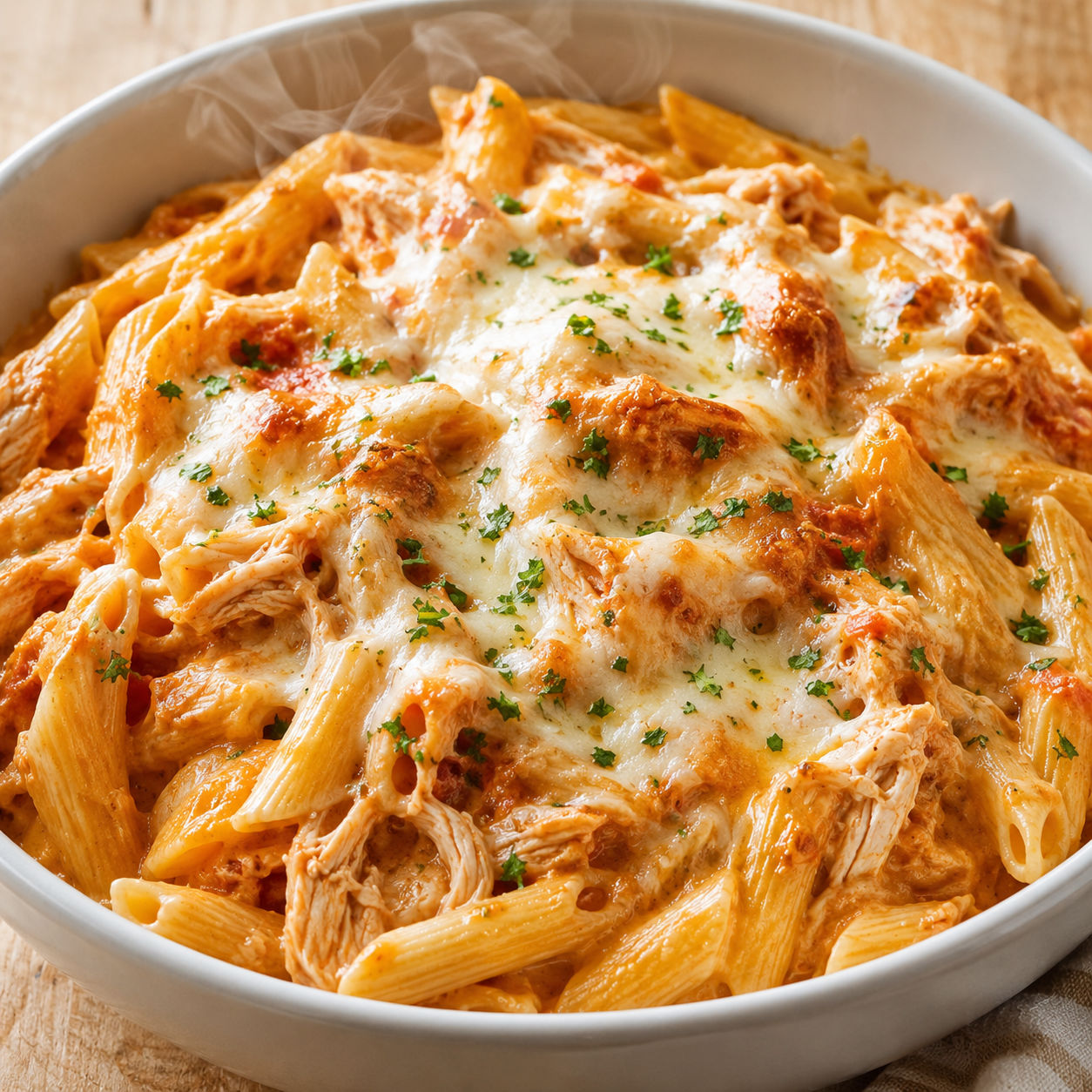 Slow cooker cheesy chicken penne with melted mozzarella and parsley