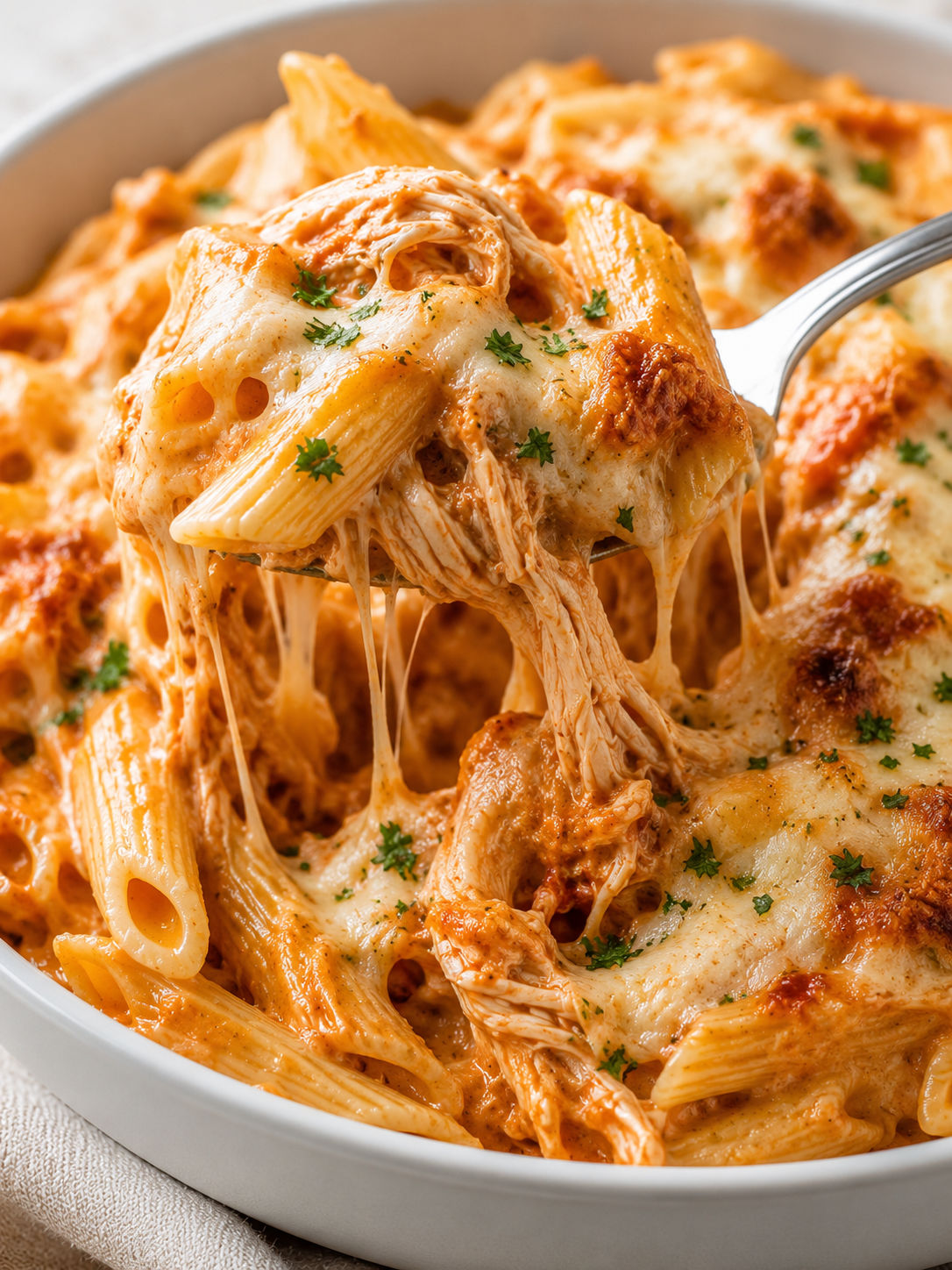 Slow Cooker Cheesy Chicken Penne, plated and served