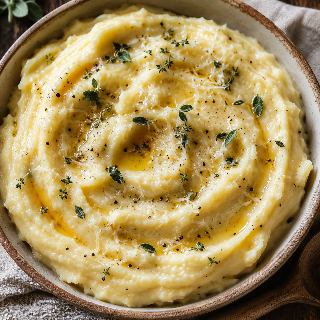 Cheesy garlic herb mashed potatoes with butter, thyme, and sage