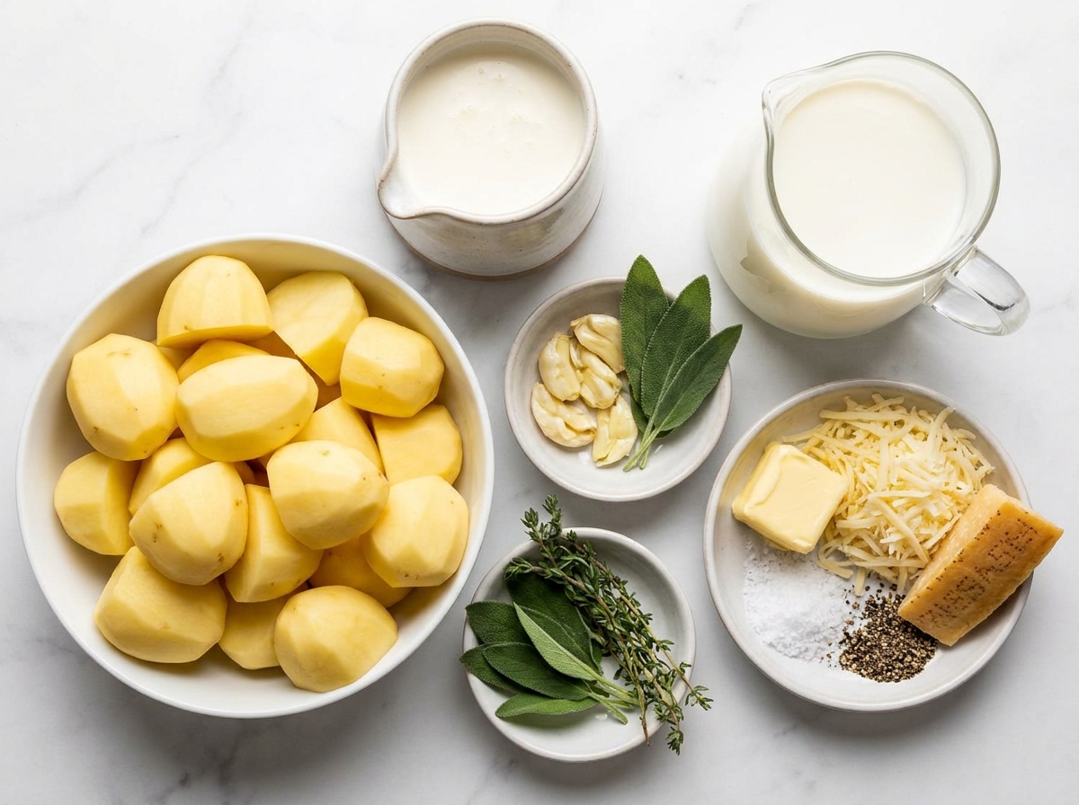 Ingredients for cheesy garlic herb mashed potatoes on a wooden surface