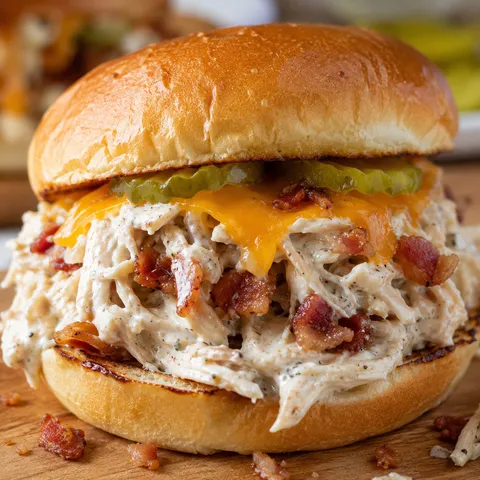 Chicken bacon ranch sandwich with melted cheddar, bacon, and pickles