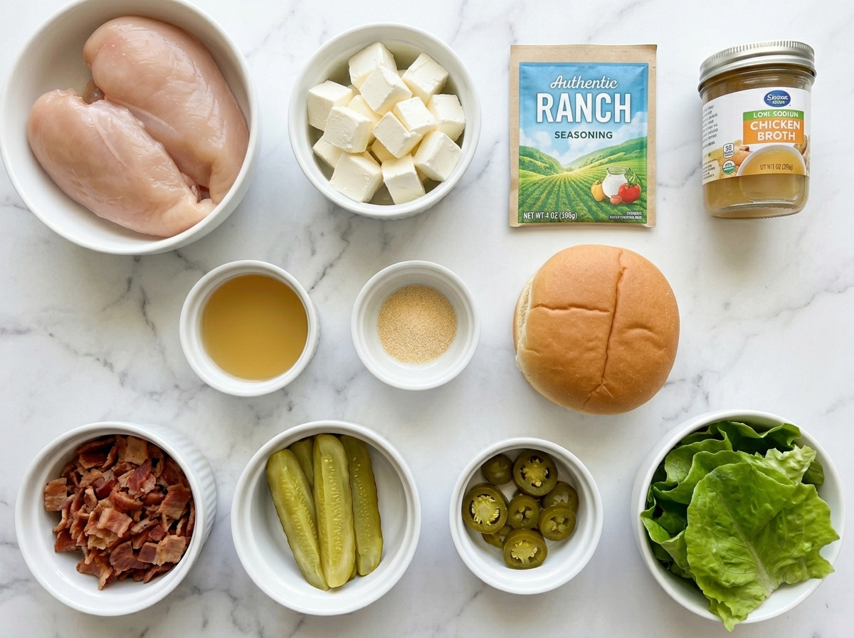 Ingredients for chicken bacon ranch sandwiches on a wooden counter