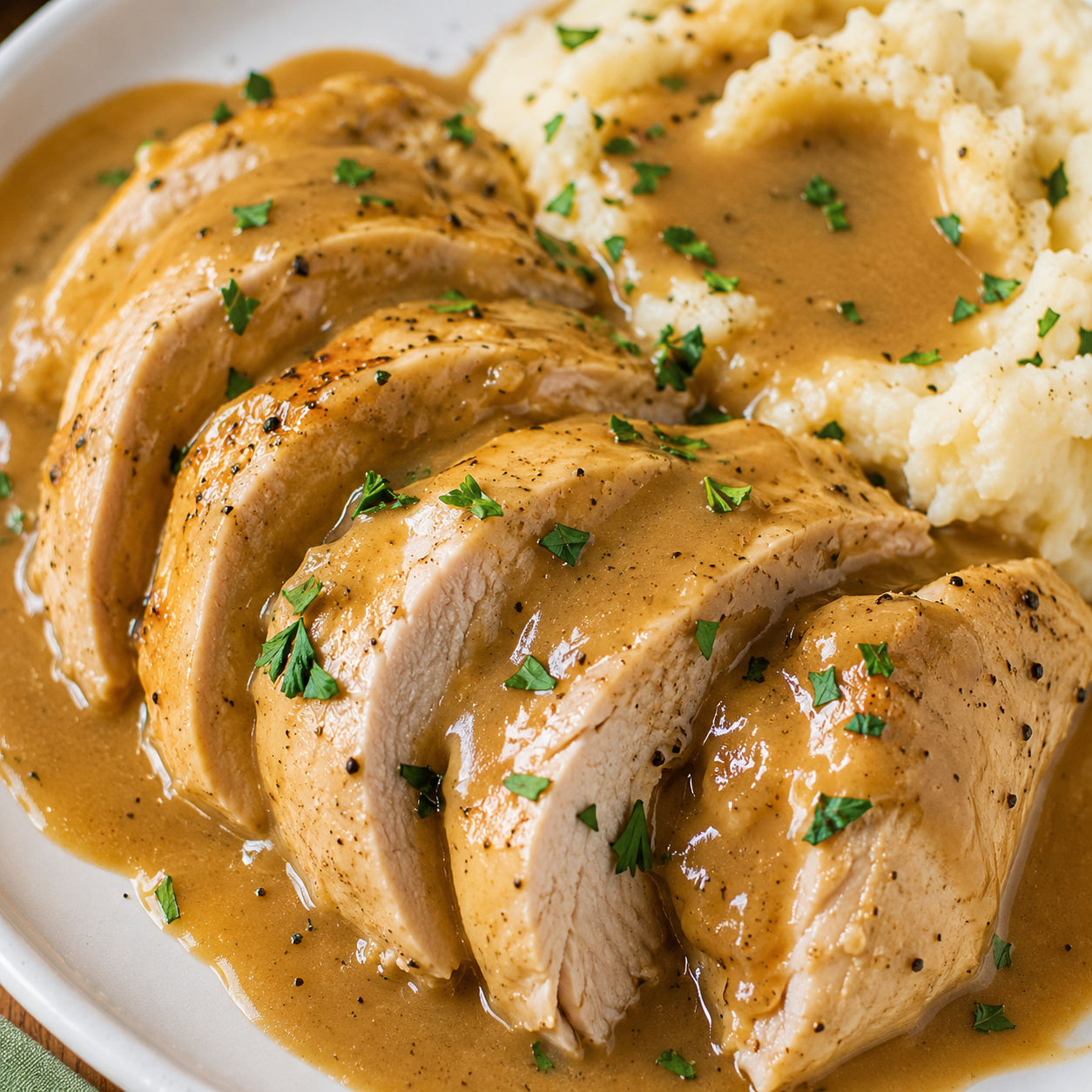 Slow cooker chicken breasts with creamy gravy and mashed potatoes on a plate