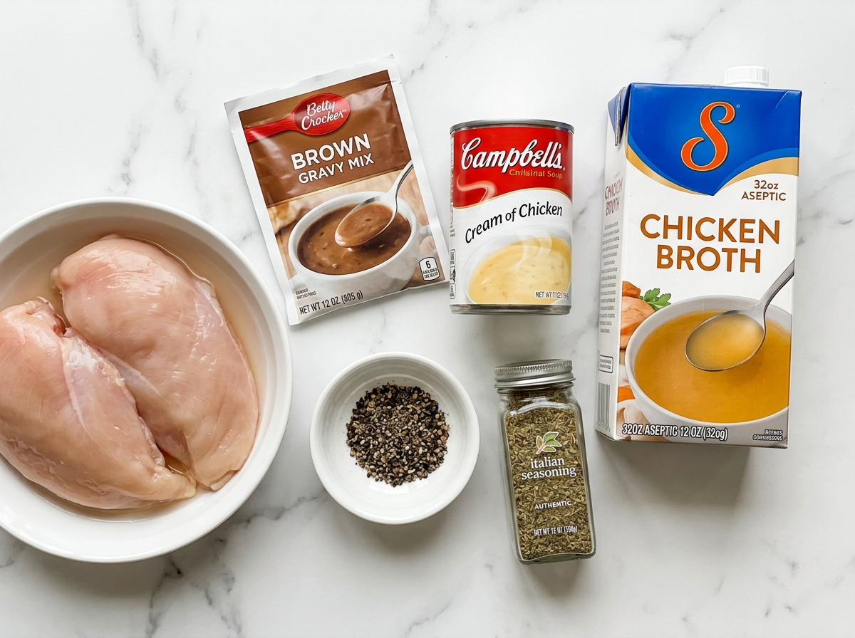 Raw ingredients for slow cooker chicken breasts with gravy on a wooden board