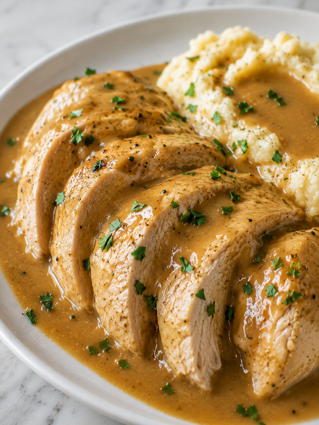 Slow Cooker Chicken Breasts with Gravy, plated and served