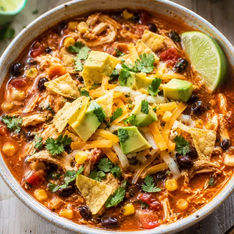 Slow cooker chicken enchilada soup with avocado, chips, cilantro, and lime