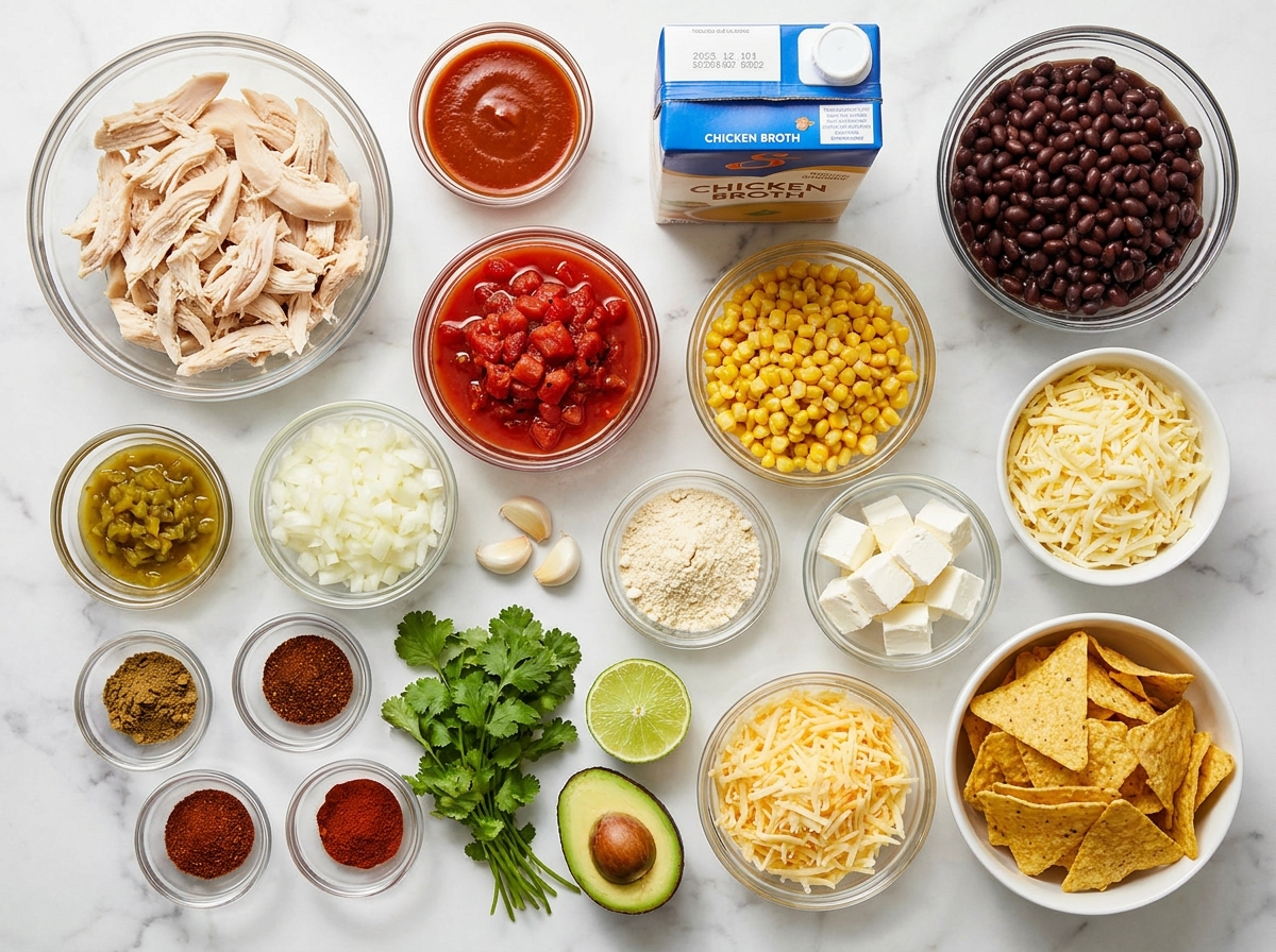 Ingredients for slow cooker chicken enchilada soup on a wooden surface