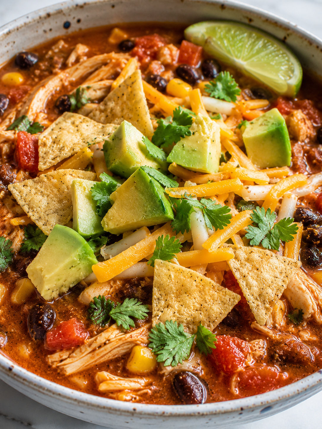 Slow Cooker Chicken Enchilada Soup, plated and served