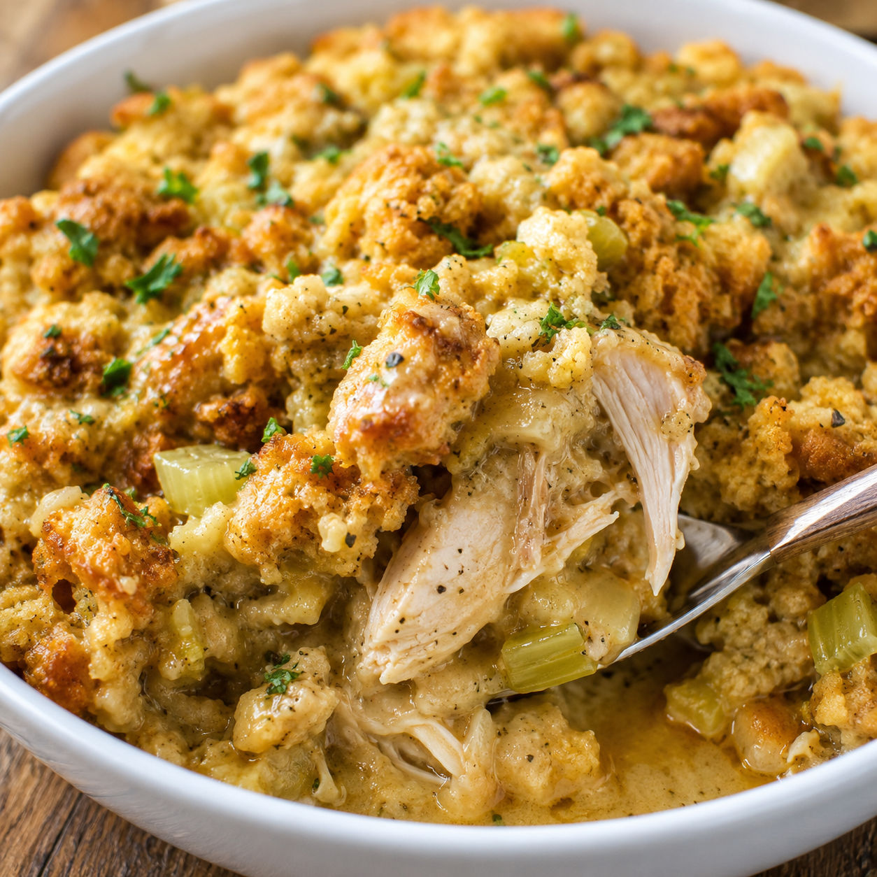 Chicken and cornbread dressing casserole with parsley in a white bowl