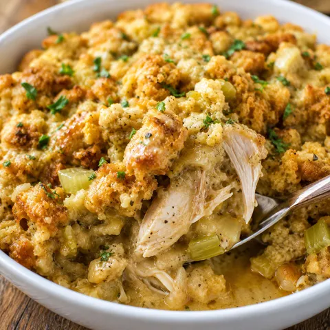 Chicken and cornbread dressing casserole with parsley in a white bowl
