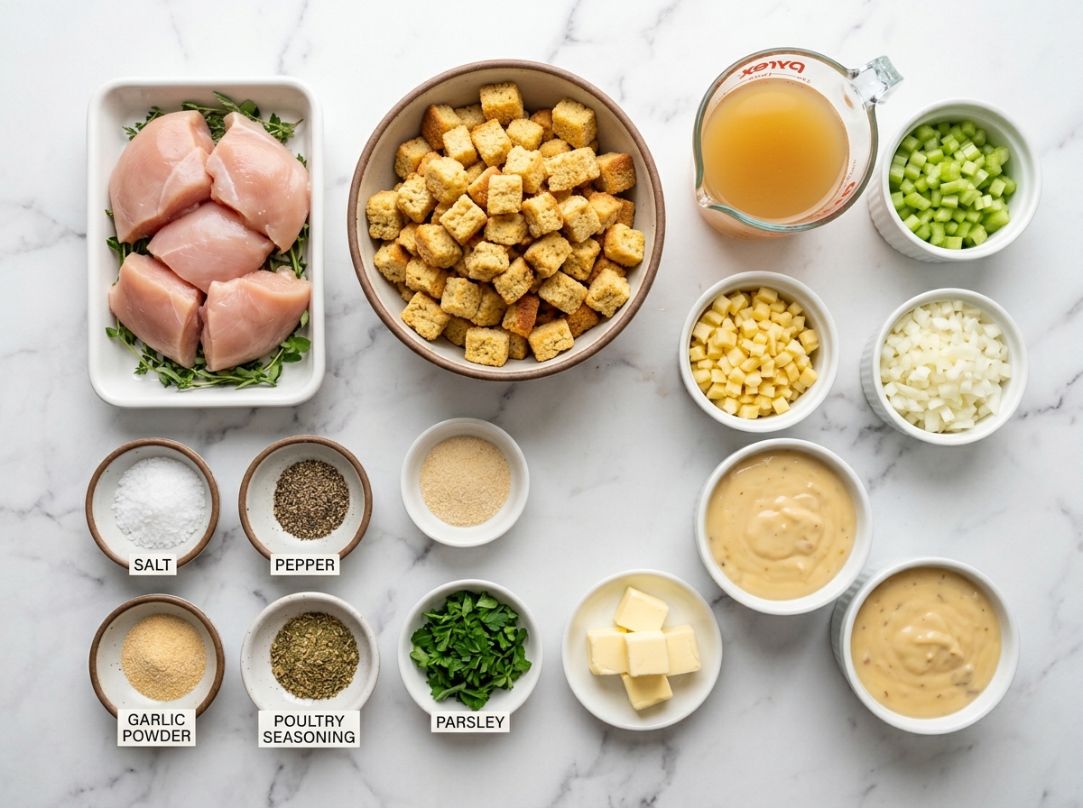 Ingredients for chicken and cornbread dressing casserole on a wooden surface