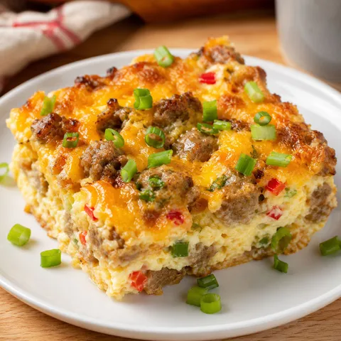 Sausage hash brown egg casserole with cheddar and green onions on a plate