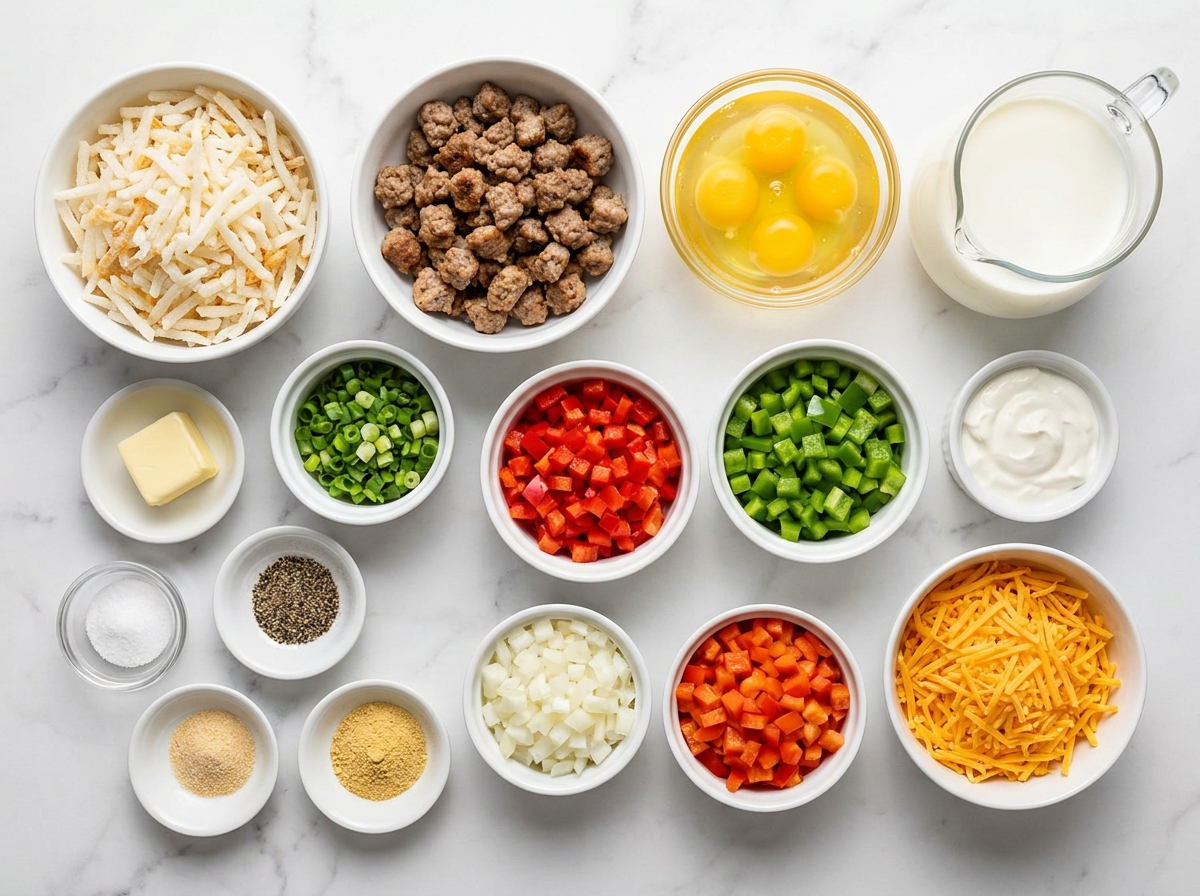 Ingredients for sausage hash brown egg casserole on a wooden surface