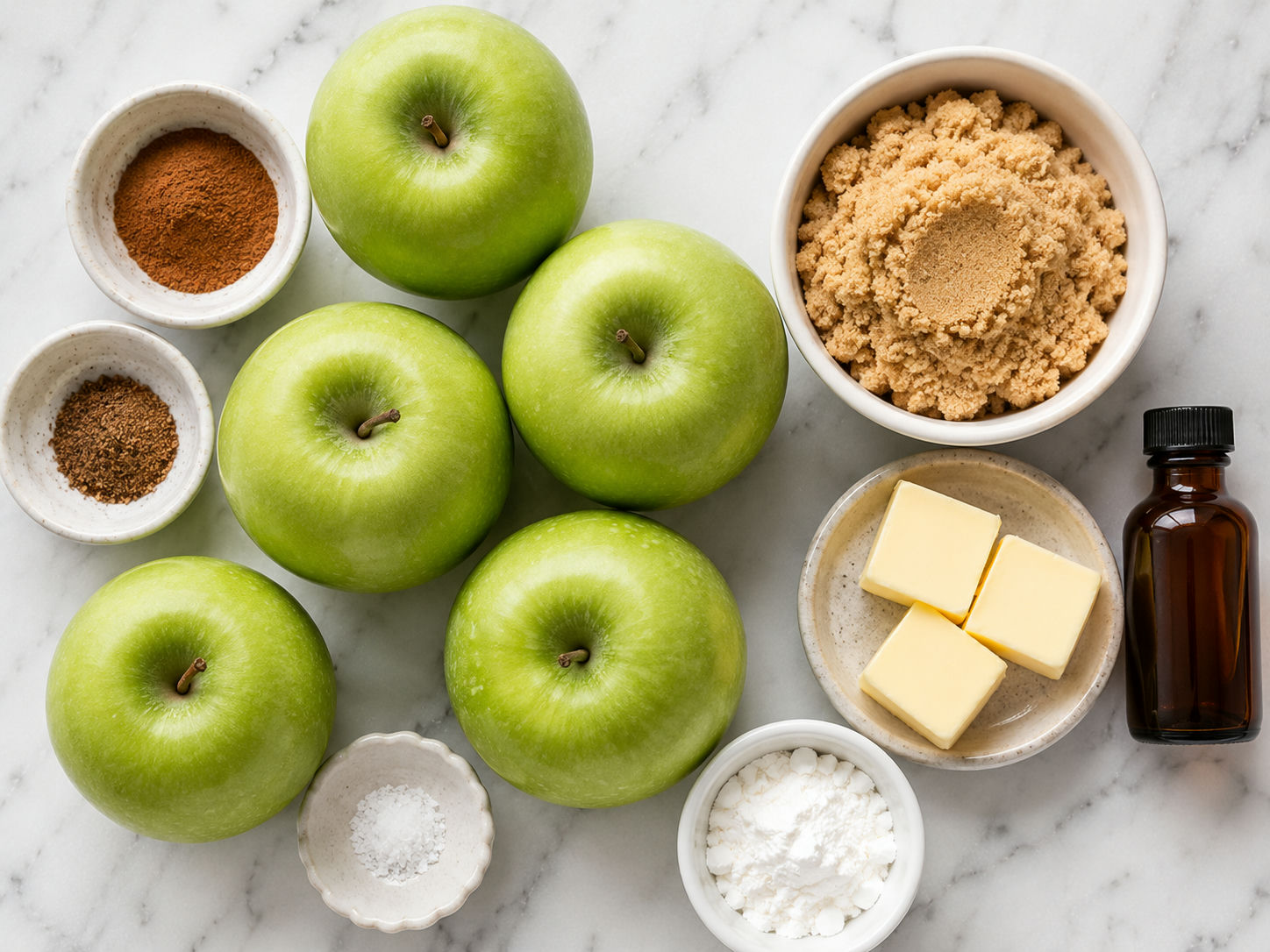 Raw ingredients for slow cooker fried apples including Granny Smith apples, brown sugar, cinnamon, butter, and vanilla
