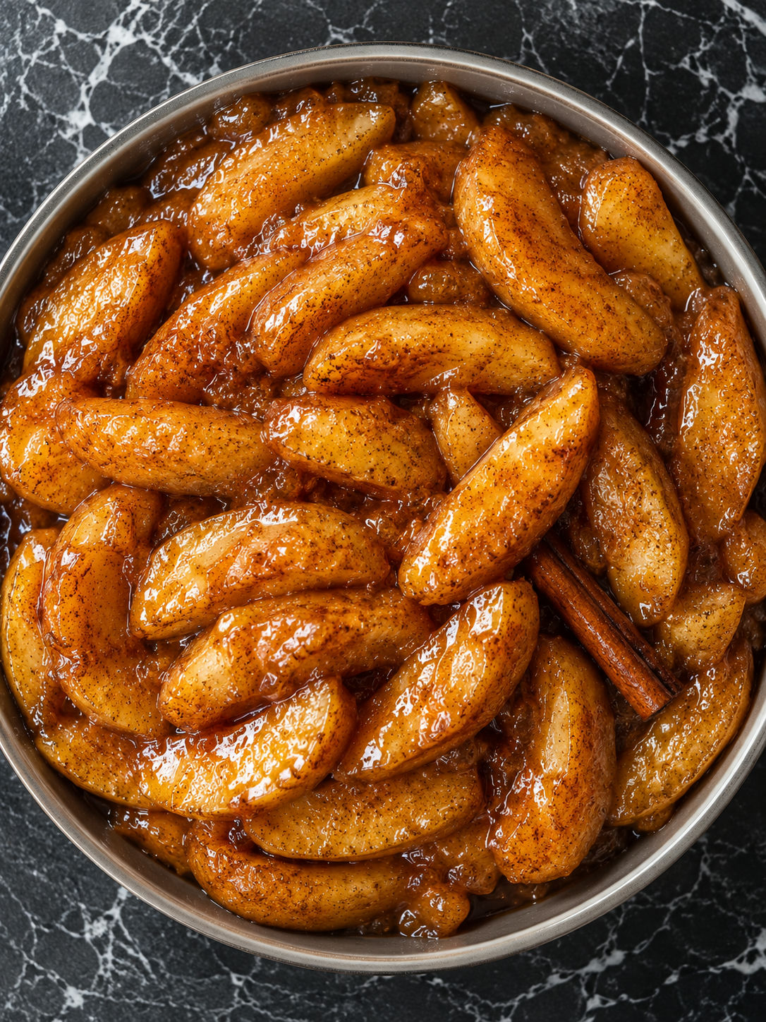 Overhead bowl of warm cinnamon slow cooker fried apples with glossy brown sugar sauce