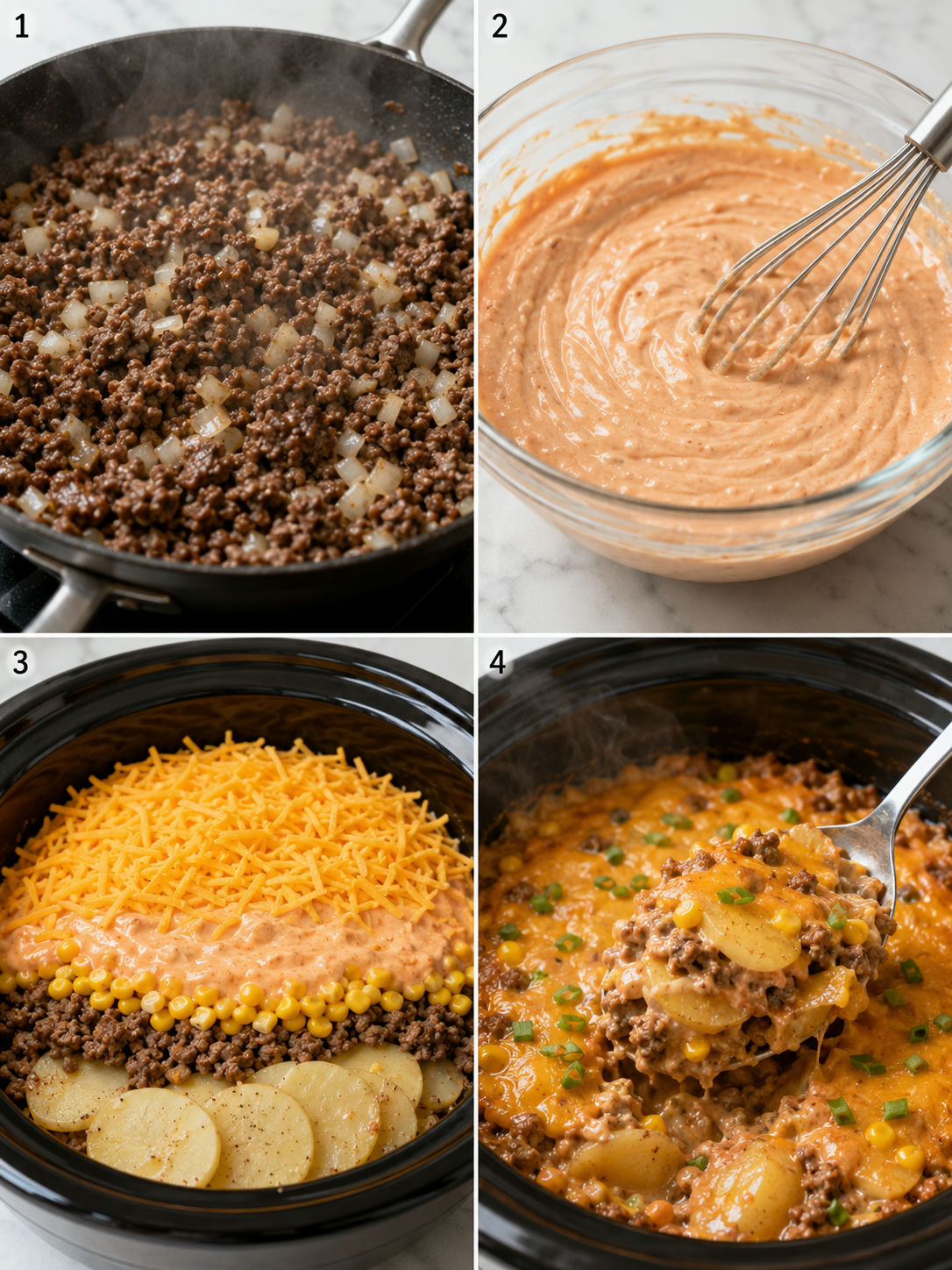 Four steps for making hamburger hash stack in a slow cooker