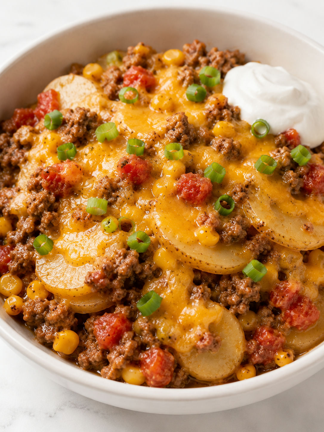 Cheesy hamburger hash stack with tender potatoes and ground beef