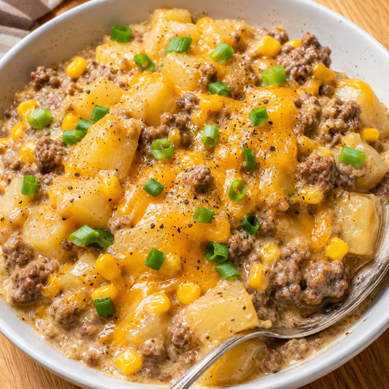 Cheesy hamburger hash with potatoes, corn, and green onions in a white bowl