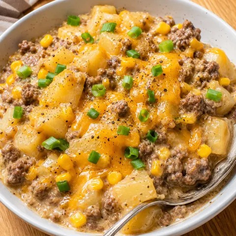 Cheesy hamburger hash with potatoes, corn, and green onions in a white bowl
