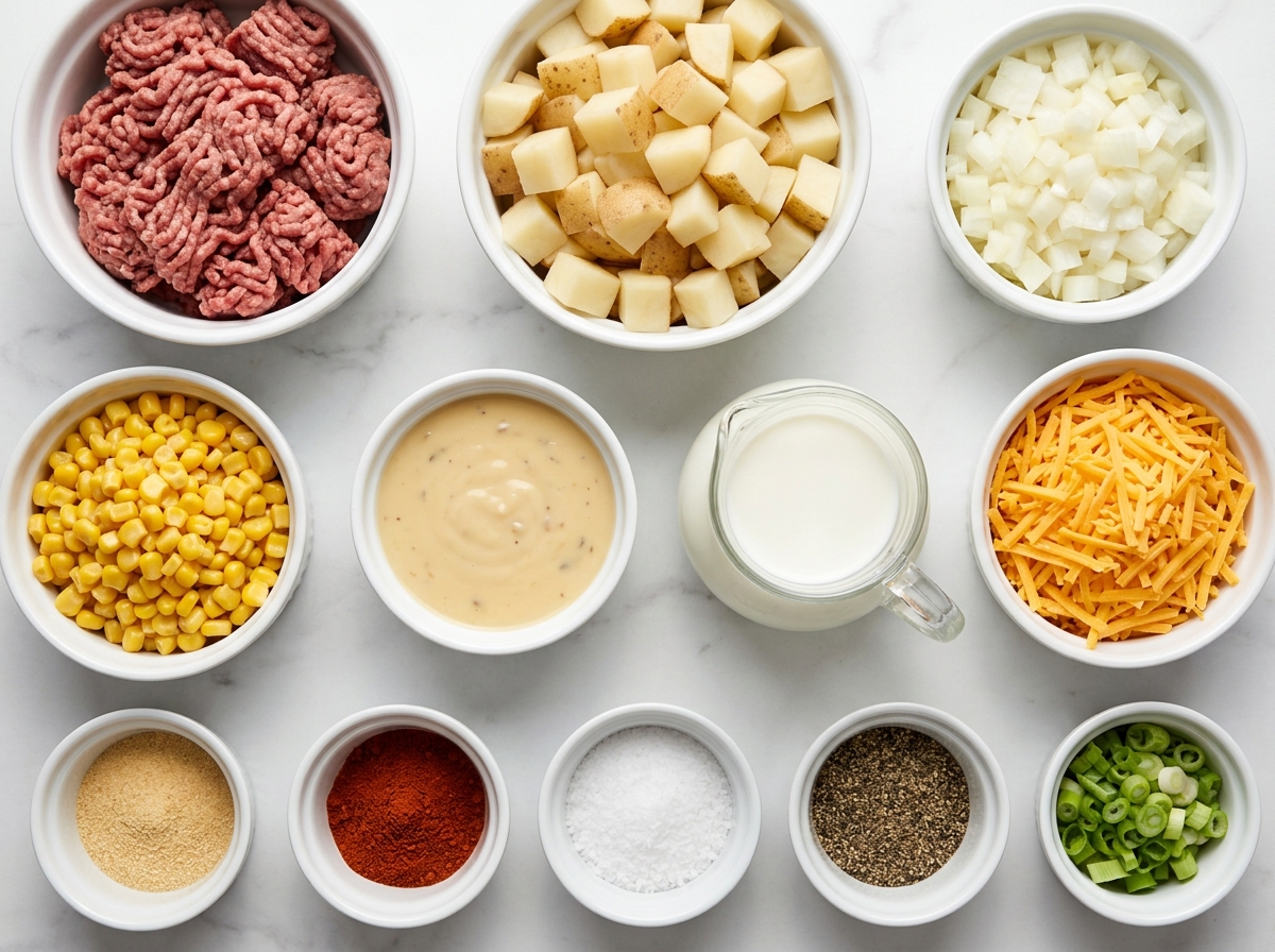 Ingredients for cheesy hamburger potato hash arranged on a wooden counter