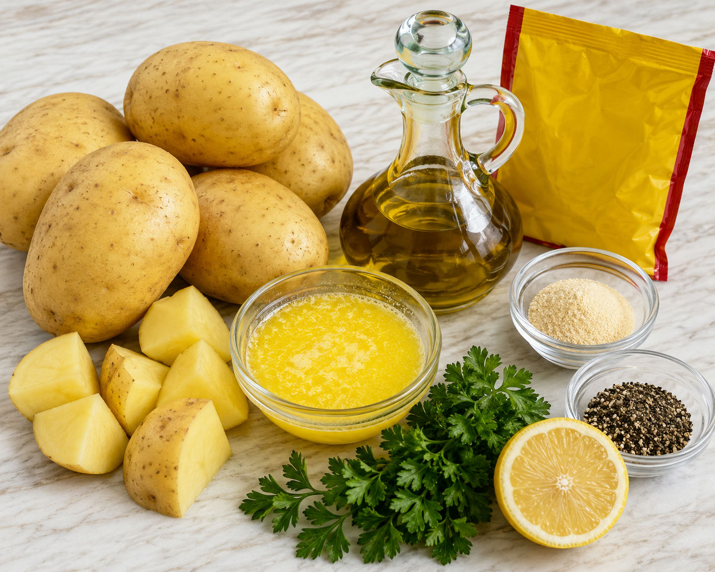 Yukon Gold potatoes, onion soup mix, butter, herbs, and seasonings