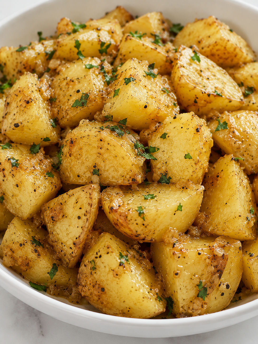 Tender golden onion potatoes with parsley and glossy butter coating
