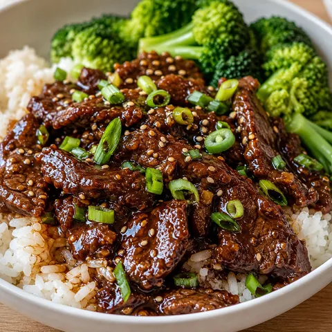 Slow Cooker Mongolian Beef over rice with green onions and sesame seeds