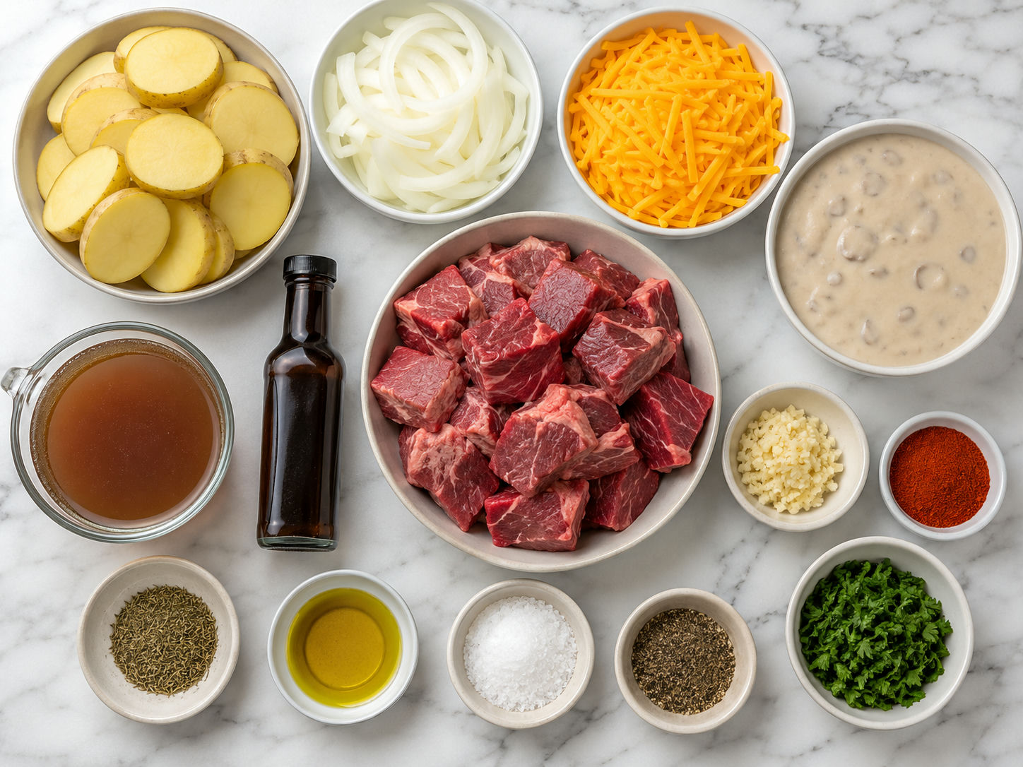 Raw steak, potatoes, cheddar, onion, and sauce ingredients on a table