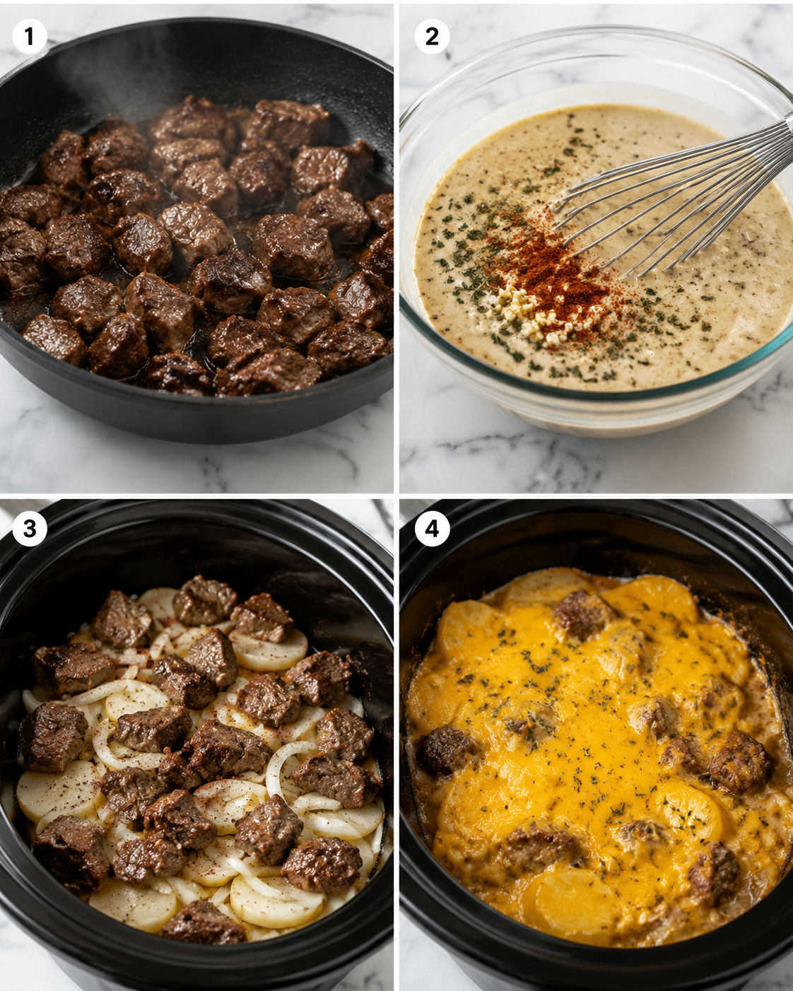 Four steps for making steak and cheddar potato casserole