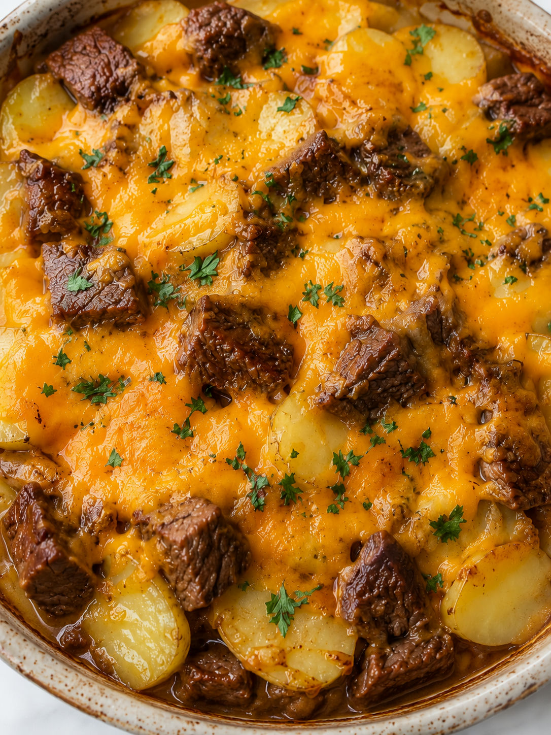Cheesy steak and potato casserole with parsley in a creamy sauce