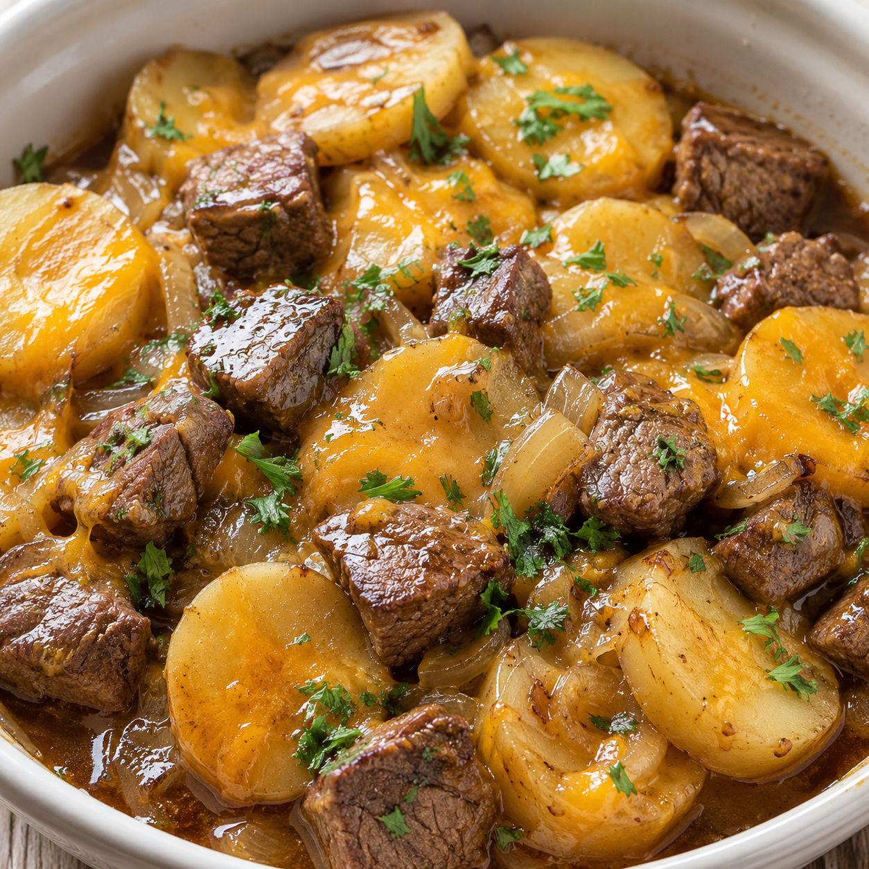 Slow cooker steak with cheddar potatoes, onion, and parsley