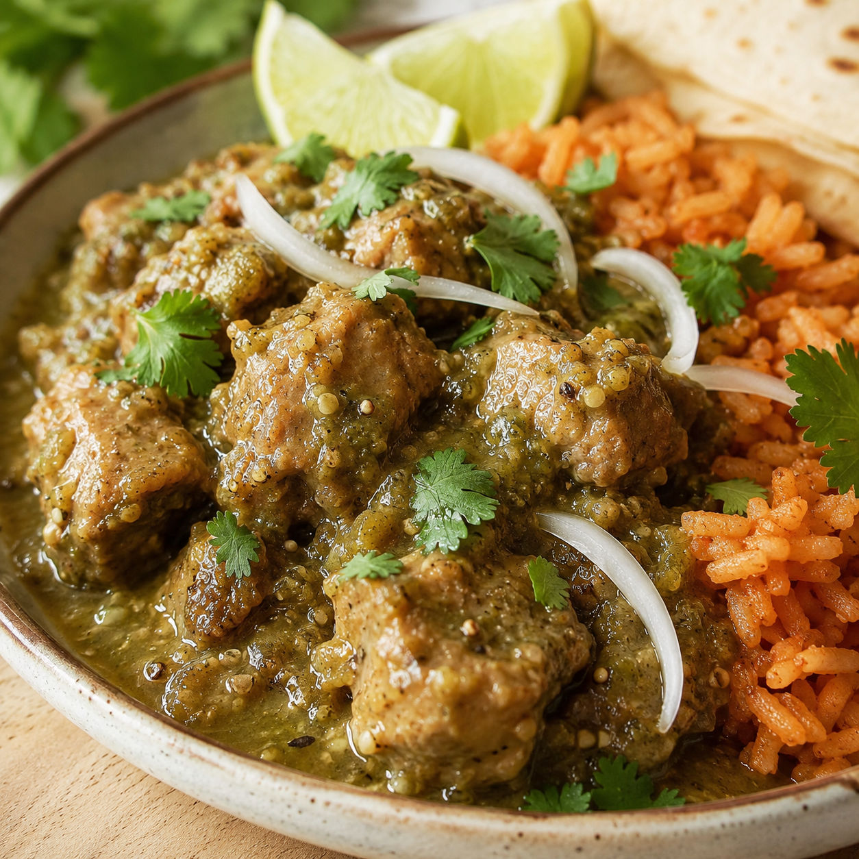 Chili verde pork over Spanish rice with cilantro and lime