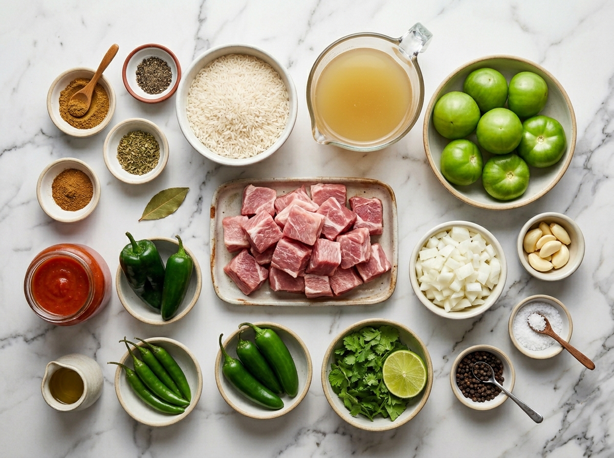 Raw pork, tomatillos, chiles, rice, tomato sauce, and herbs for chili verde