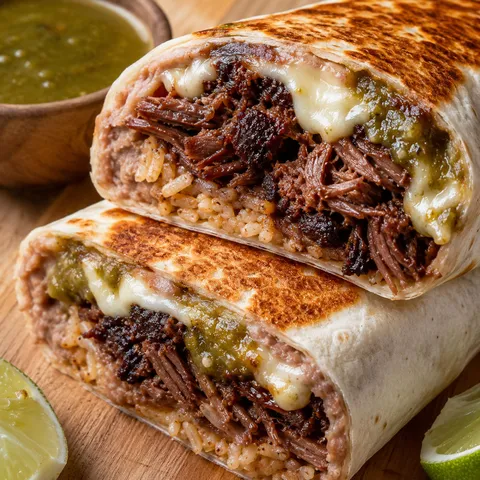 Smoked beef rib burrito with salsa verde and melted cheese