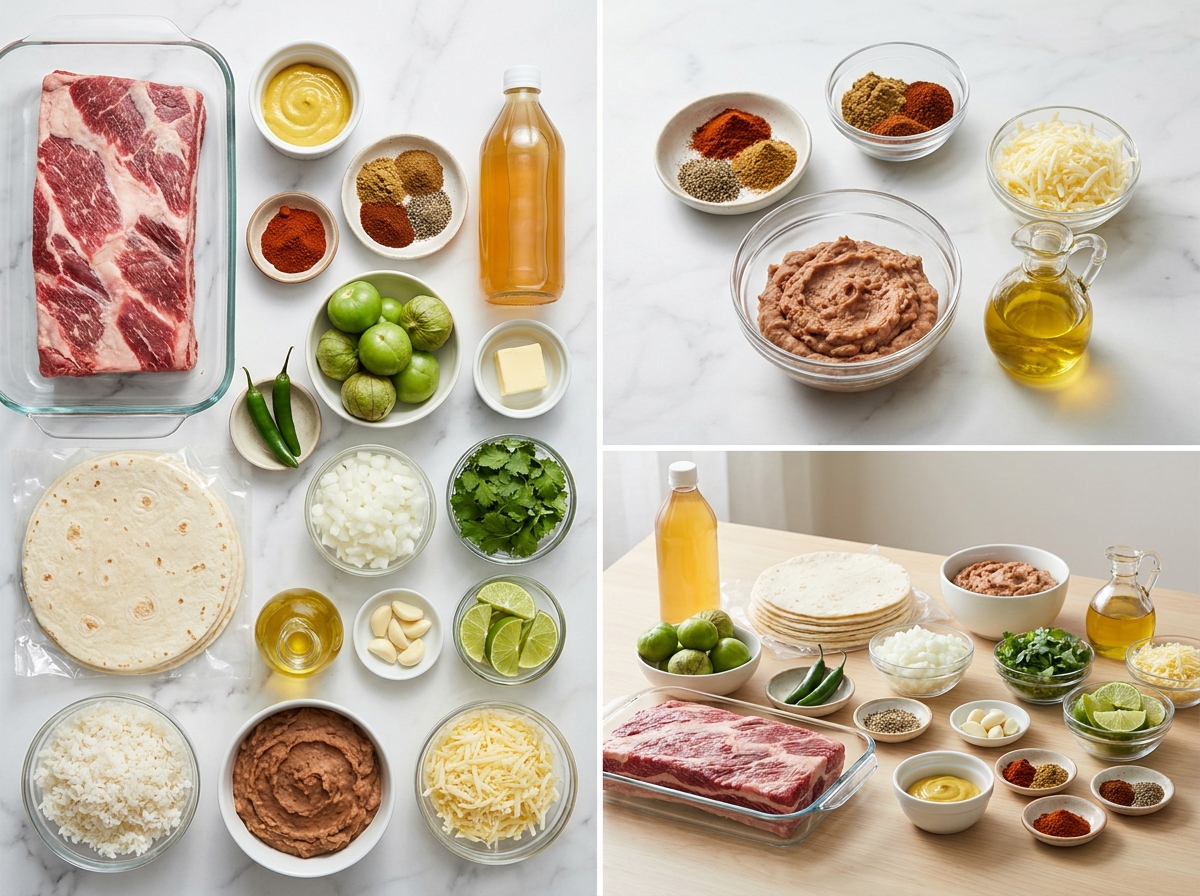 Ingredients for smoked beef rib burritos with salsa verde and cheese