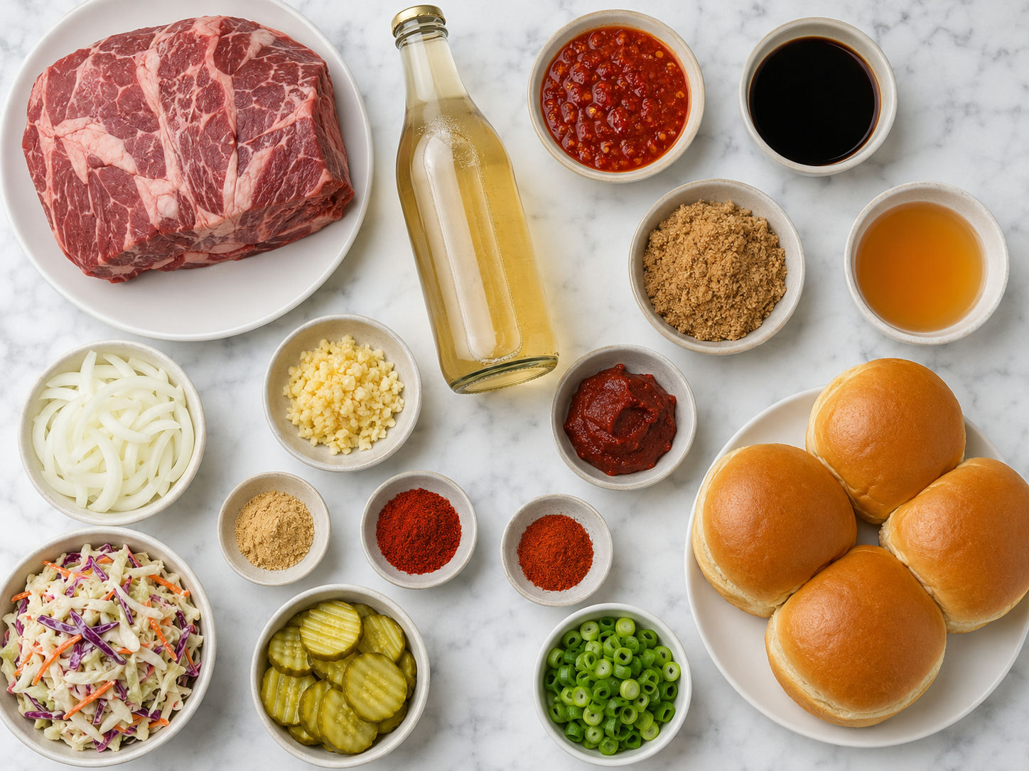 Chuck roast, ginger ale, spices, buns, and slaw for shredded beef sandwiches