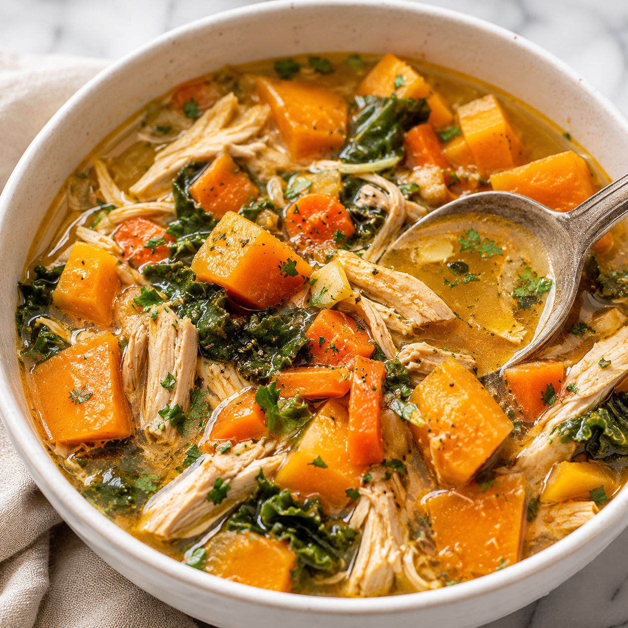 Chicken harvest stew with squash, sweet potatoes, kale, and parsley