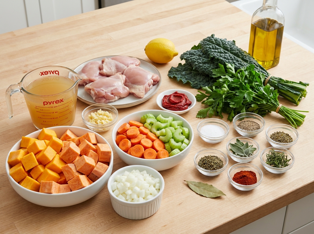 Raw chicken, squash, sweet potatoes, herbs, kale, and broth for stew