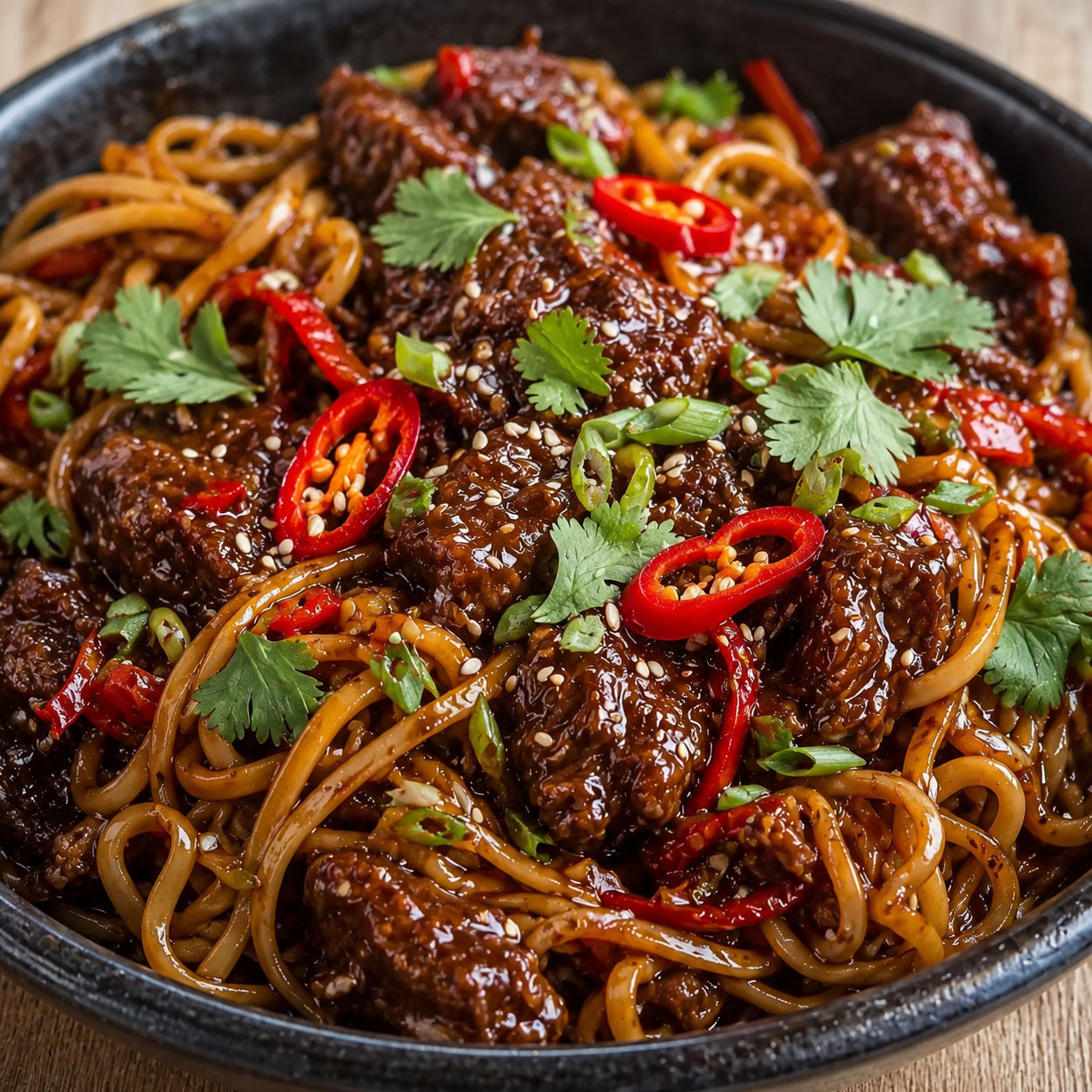 Sticky chilli beef noodles with red pepper, sesame, and coriander
