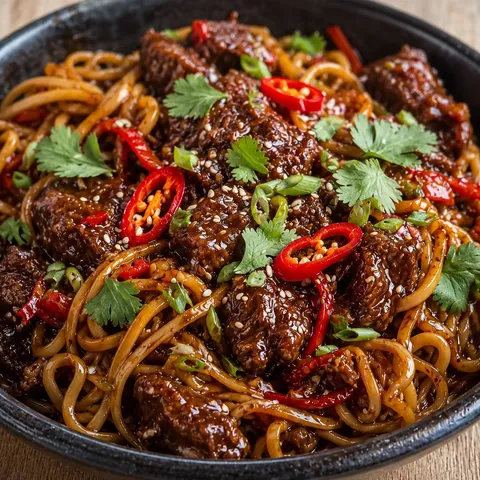 Sticky chilli beef noodles with red pepper, sesame, and coriander