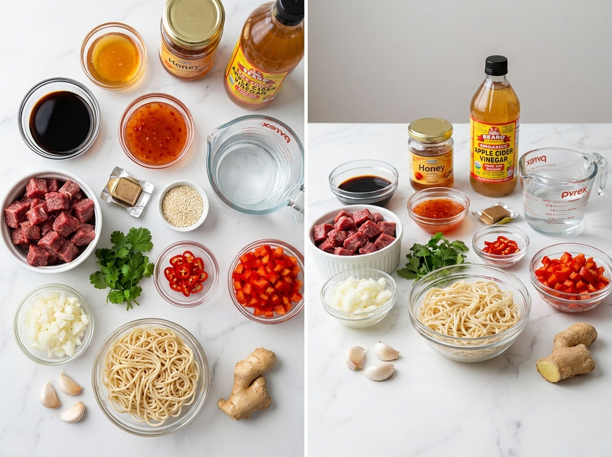 Ingredients for sticky chilli beef noodles with beef, noodles, peppers, and sauces